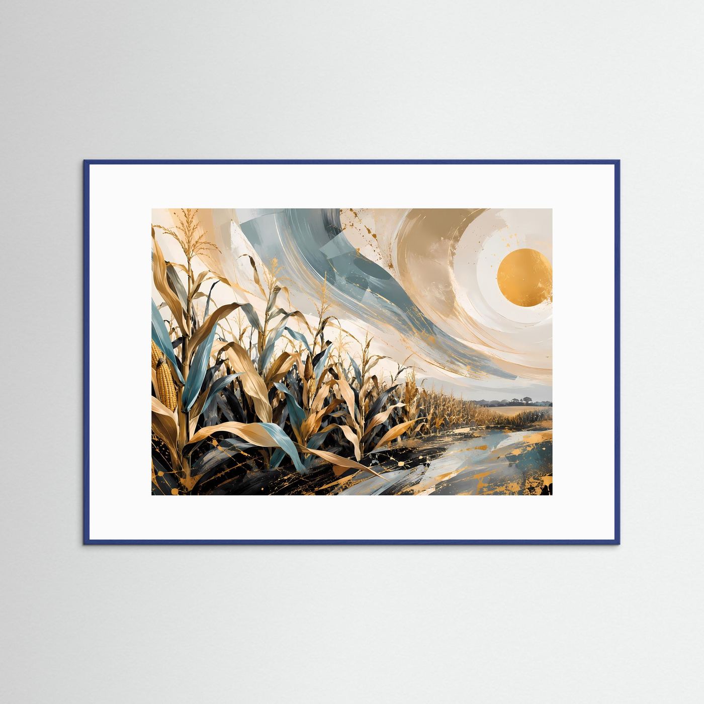 Maisfeld Poster | Abstrakte Landschaft Wandbild | Gold Blau Naturkunst | Modernes Feld Panorama | Eleganter Kunstdruck