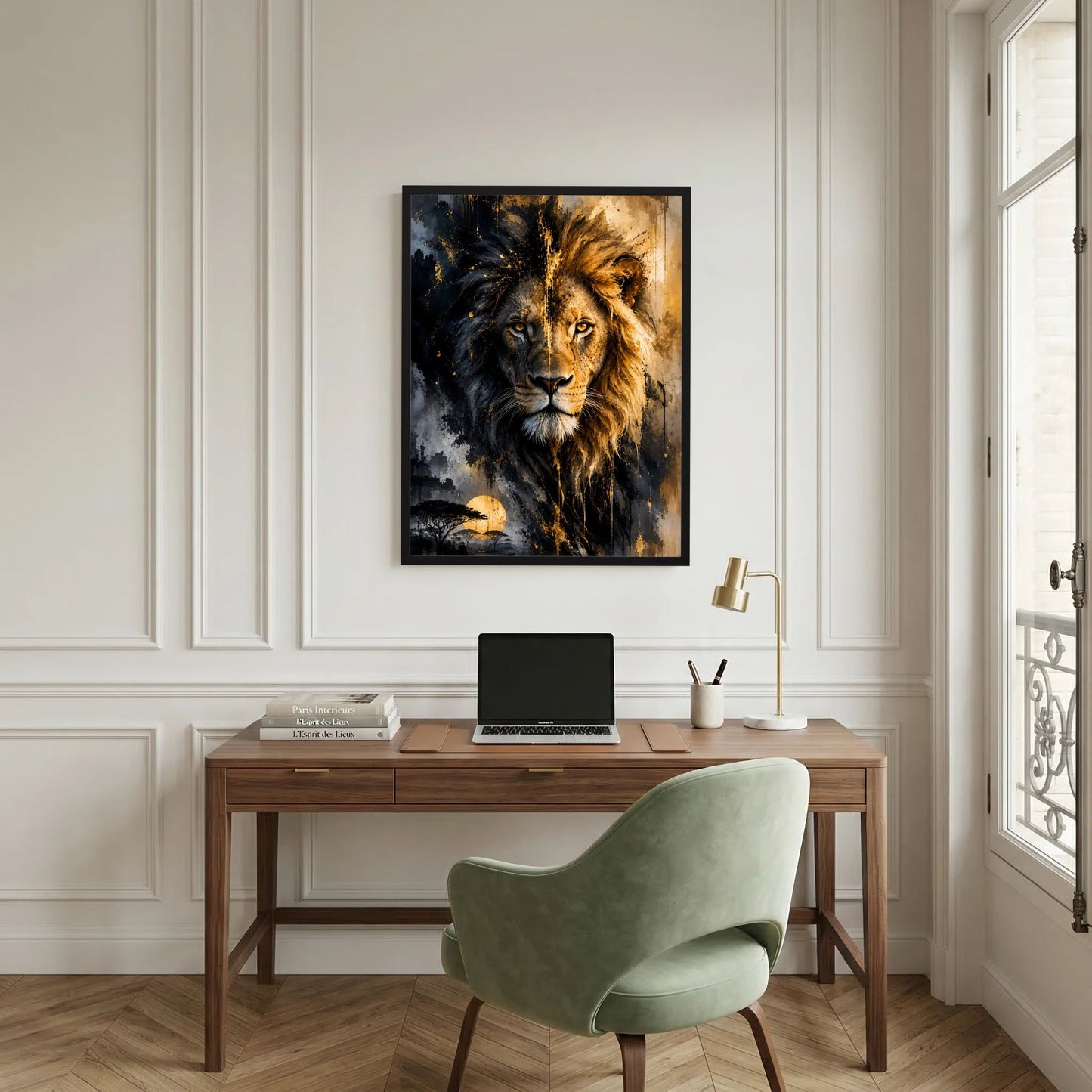 Gerahmtes Löwenposter mit frontalem Löwenmotiv, schwarzer Mähne und goldenen Akzenten