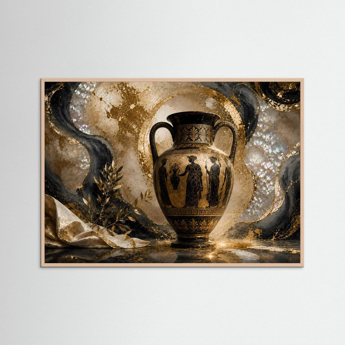 Antike griechische Amphore in Gold und Schwarz auf Kunstprint, rosafarbener Rahmen