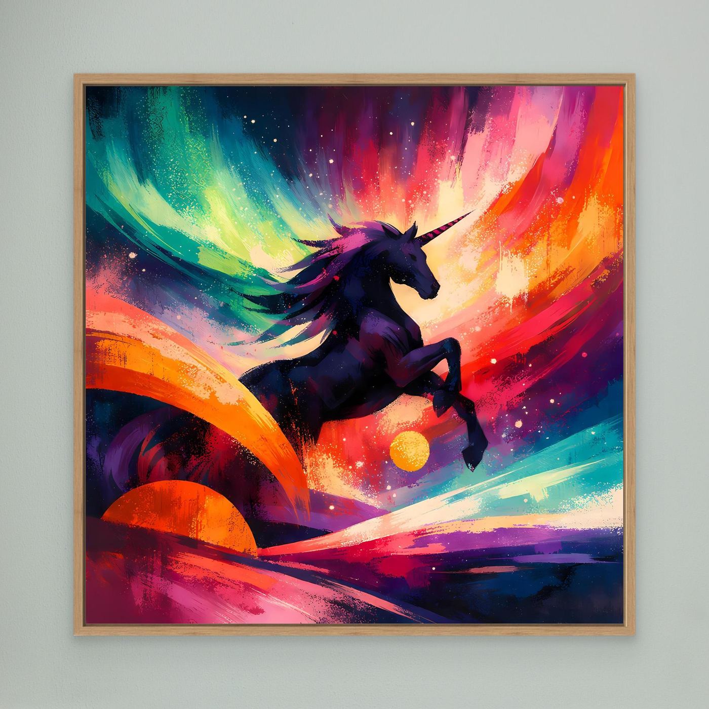 Gerahmtes Leinwandbild mit dunklem Einhorn, violettem Schweif und Regenbogenbögen (Eiche)