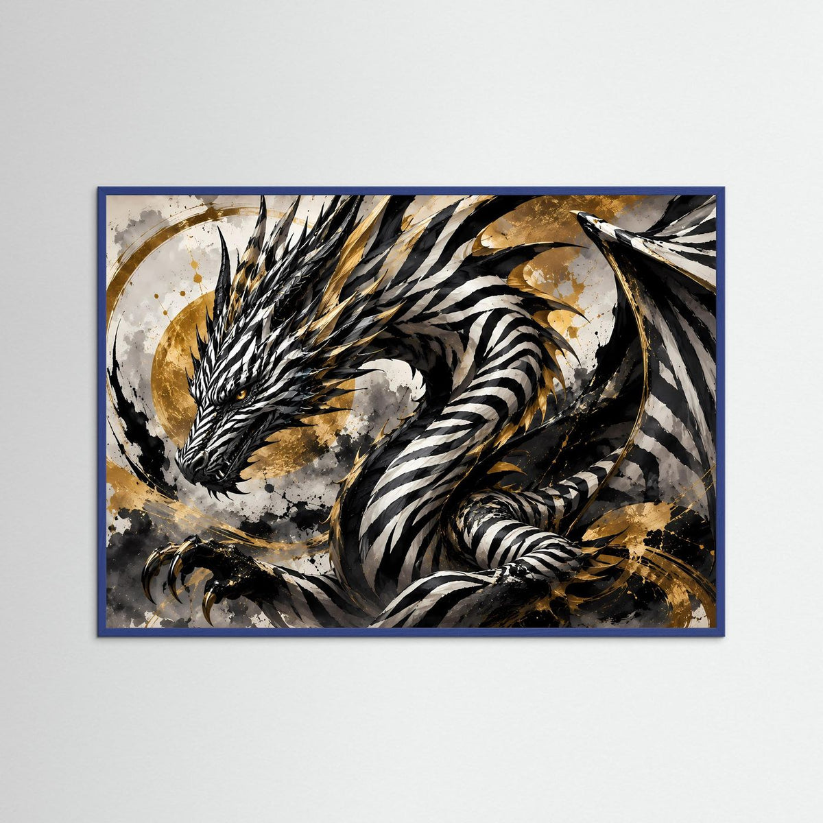 Querformat-Drachenposter im blauen Rahmen mit gestreiftem Drachen in Schwarz, Weiß und Gold