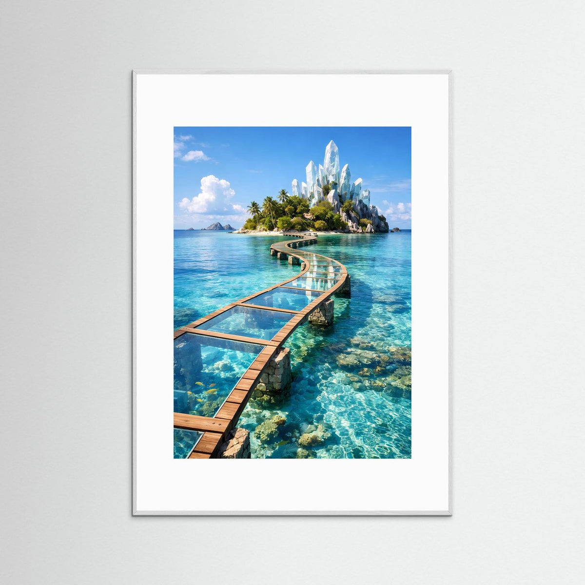 Poster hochformatig: türkisblaues Meer, gläserner Steg zur Kristallinsel, ohne sichtbaren Rahmen