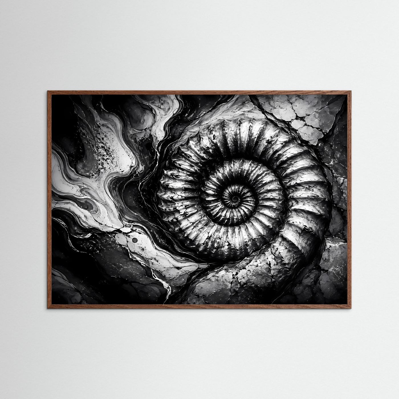 Ammonit Fossil Schwarz Weiß Poster | Geologische Wandkunst | Makro Fossilien Kunst | Monochrome Natur Fotokunst | Moderne Leinwand