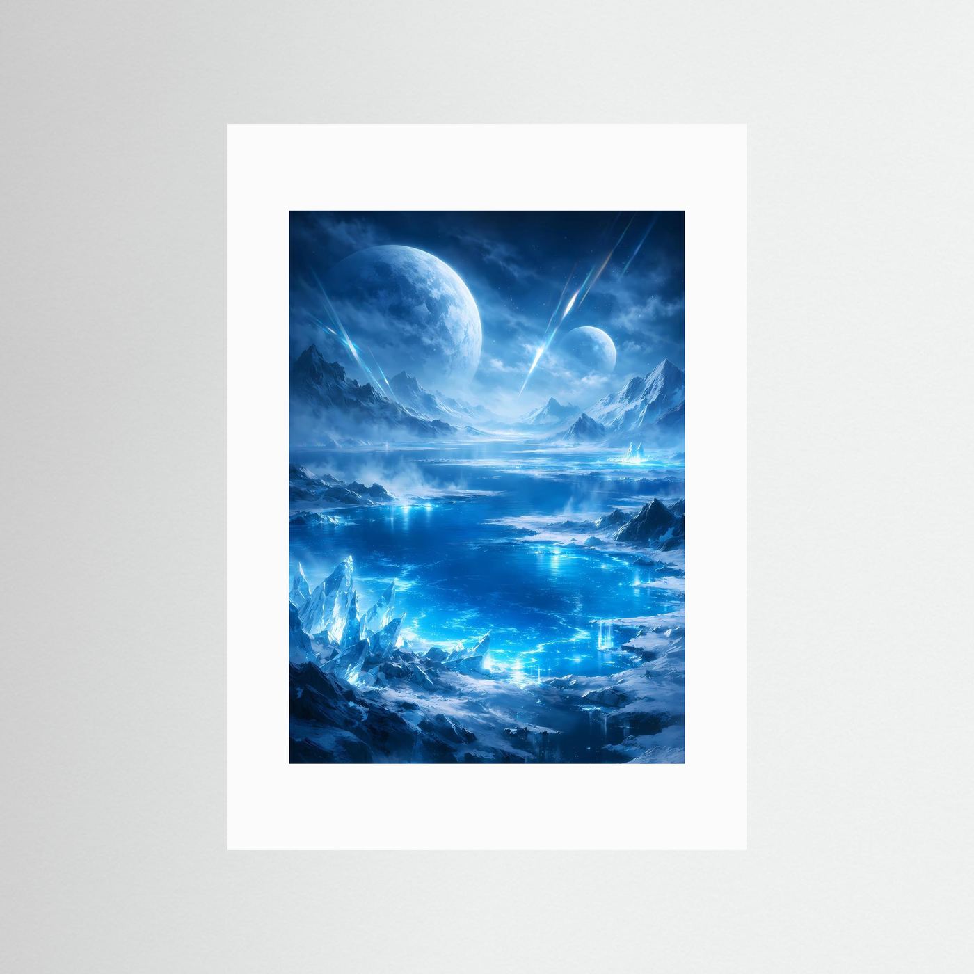 Sci‑Fi-Kunstposter mit weißem Passepartout: blaue Eislandschaft, riesige Monde und leuchtende Lichtstrahlen