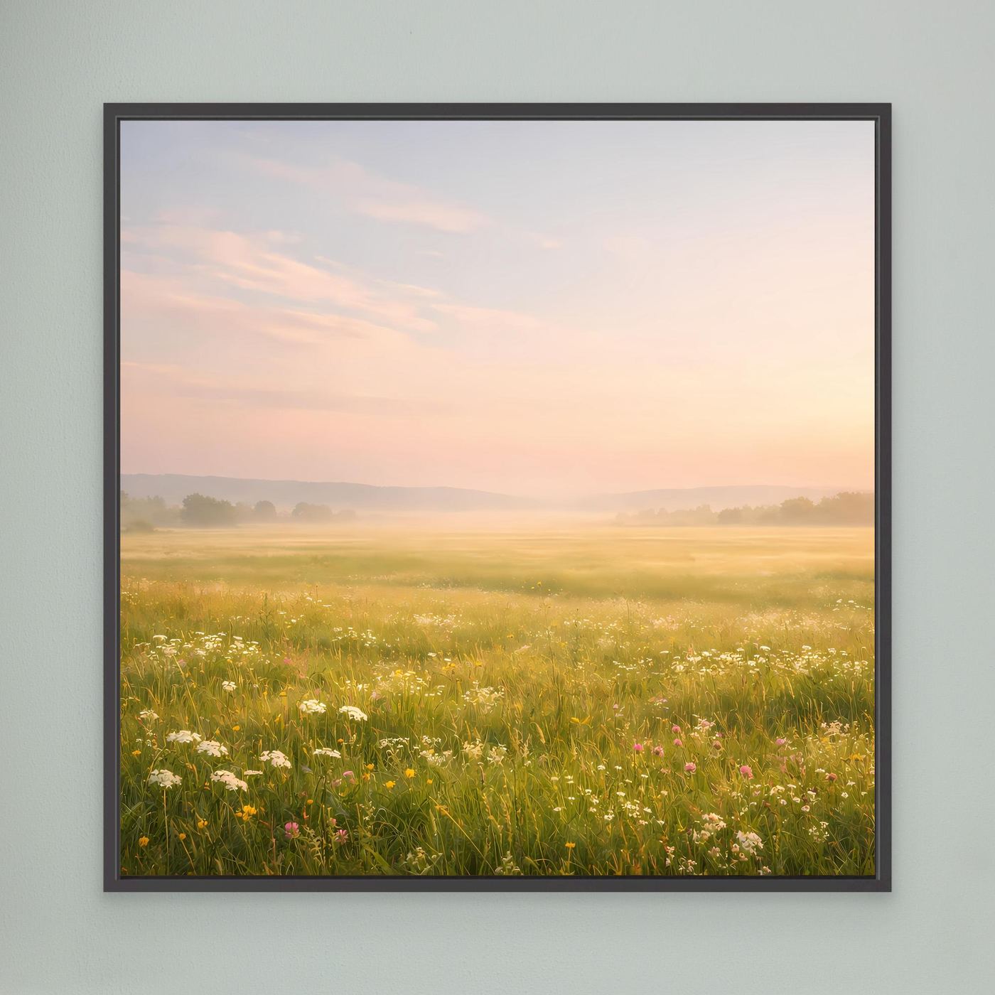 Leinwandbild mit nebliger Blumenwiese und weißen Blumen, Pastellton, schwarz gerahmt
