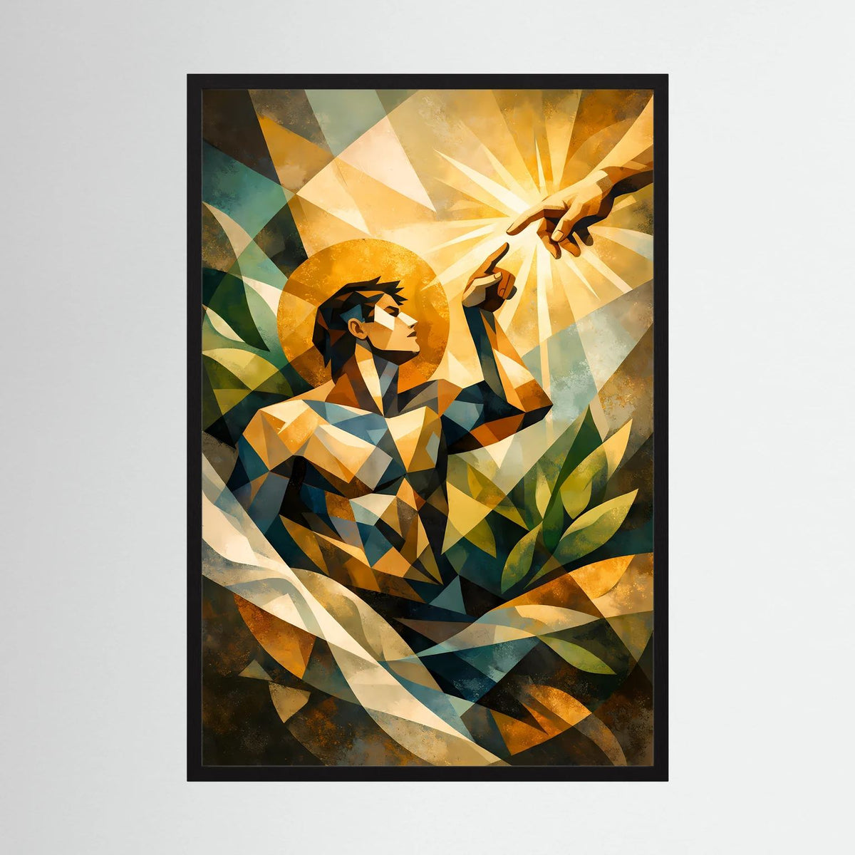 Gerahmtes Poster im Hochformat mit geometrischem Menschen und leuchtender Hand, schwarz