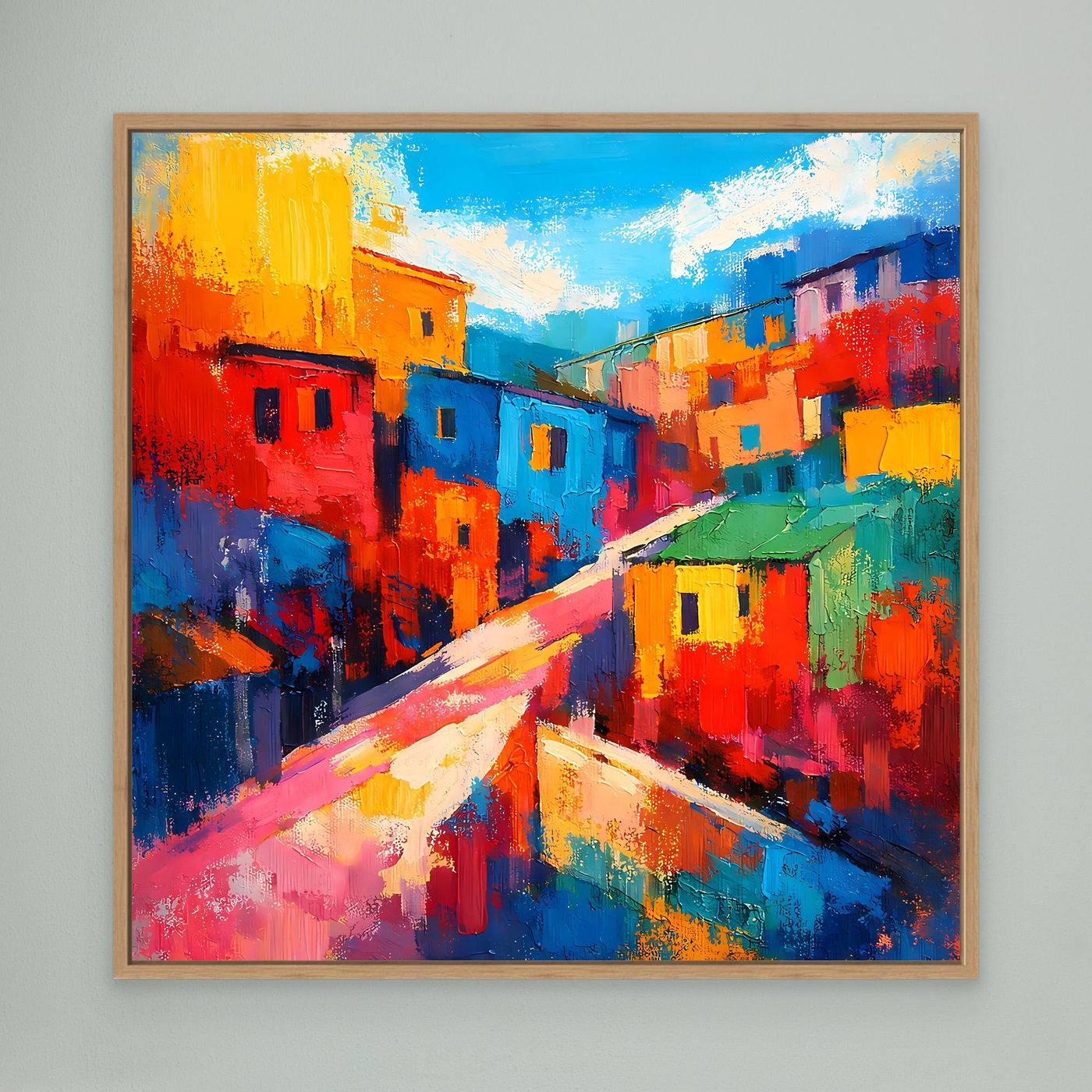 Abstraktes Favela-Wandbild auf Leinwand mit hellem Holzrahmen: bunte Häuser und Straße