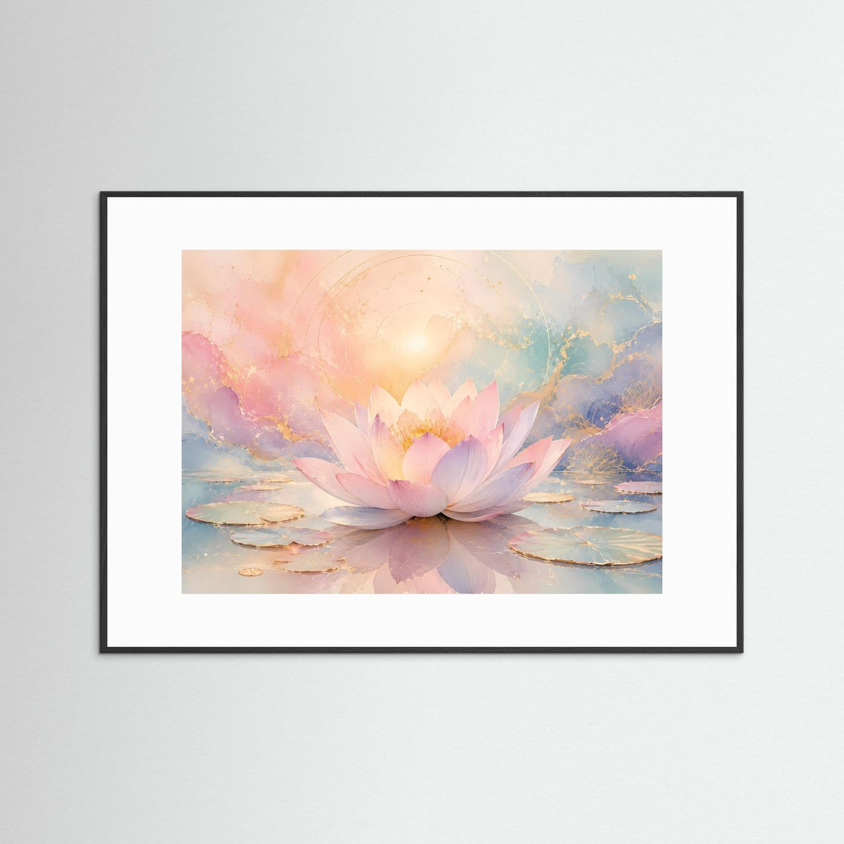 Lotusblüten-Wandbild mit Seerose in Pastell, schwarzer Rahmen mit weißem Passepartout