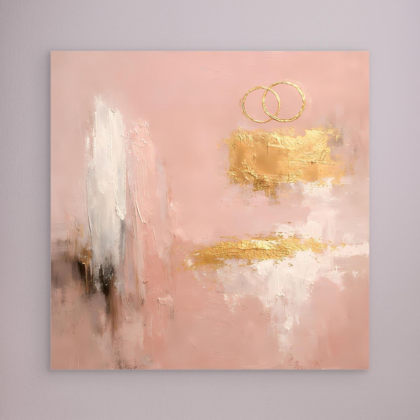 Leinwand Abstraktes Hochzeitsgemälde in Altrosa und Gold | Modernes Wandbild Eheringe
