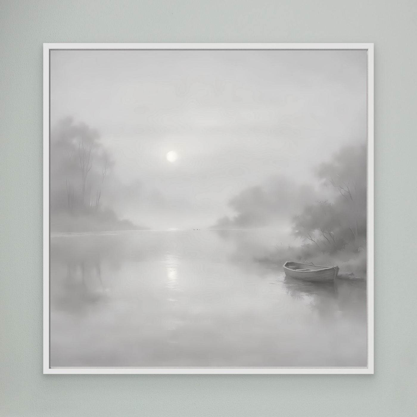 Leinwandbild mit grauem Nebel-Fluss und Boot, weißer Rahmen