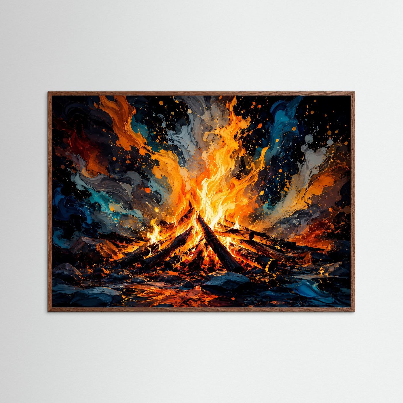 Abstraktes Lagerfeuer | Modernes Feuer-Wandbild in Orange, Blau & Schwarz