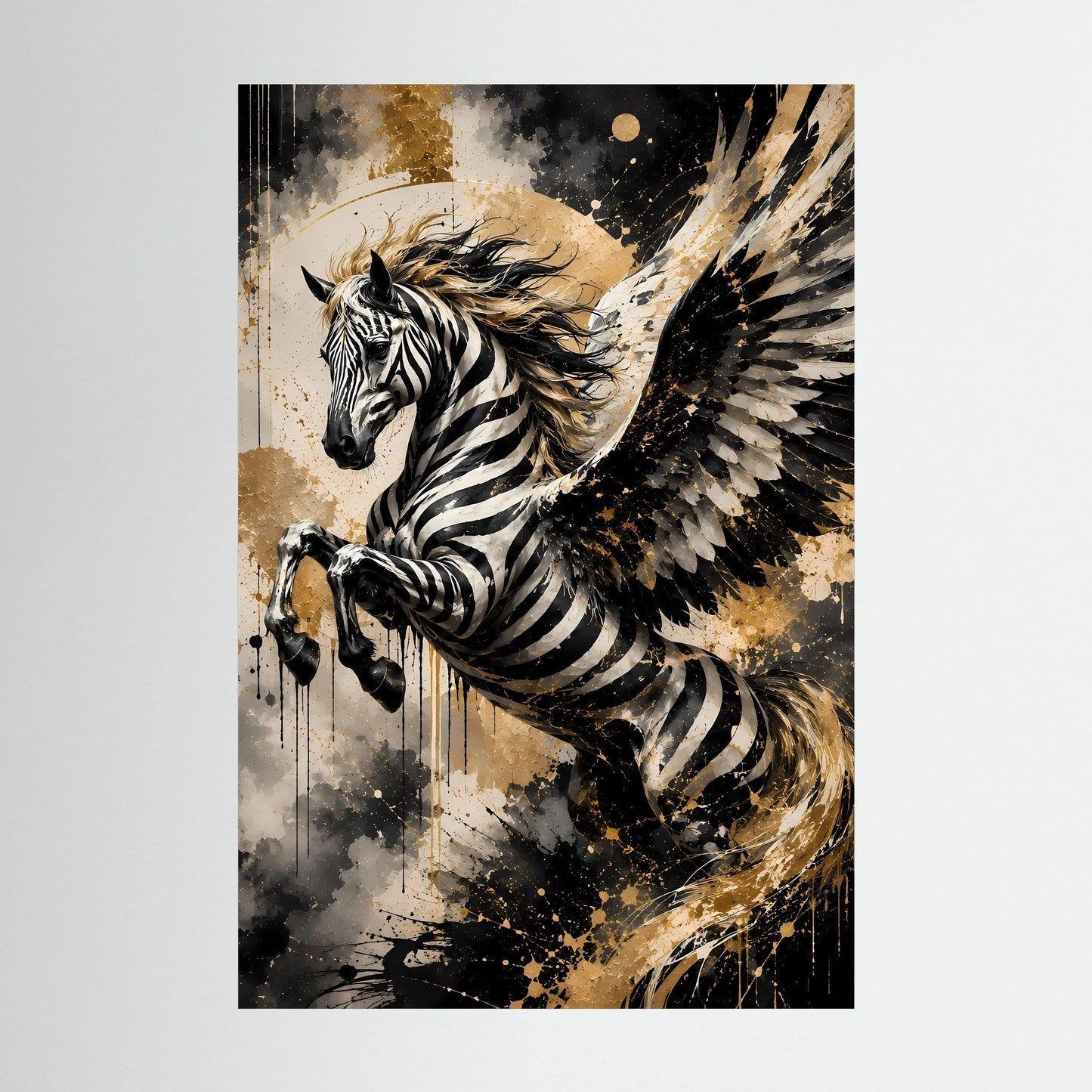 Geflügeltes Zebrapferd | Schwarz Gold abstrakte Fantasy Kunst | Poster Hochformat