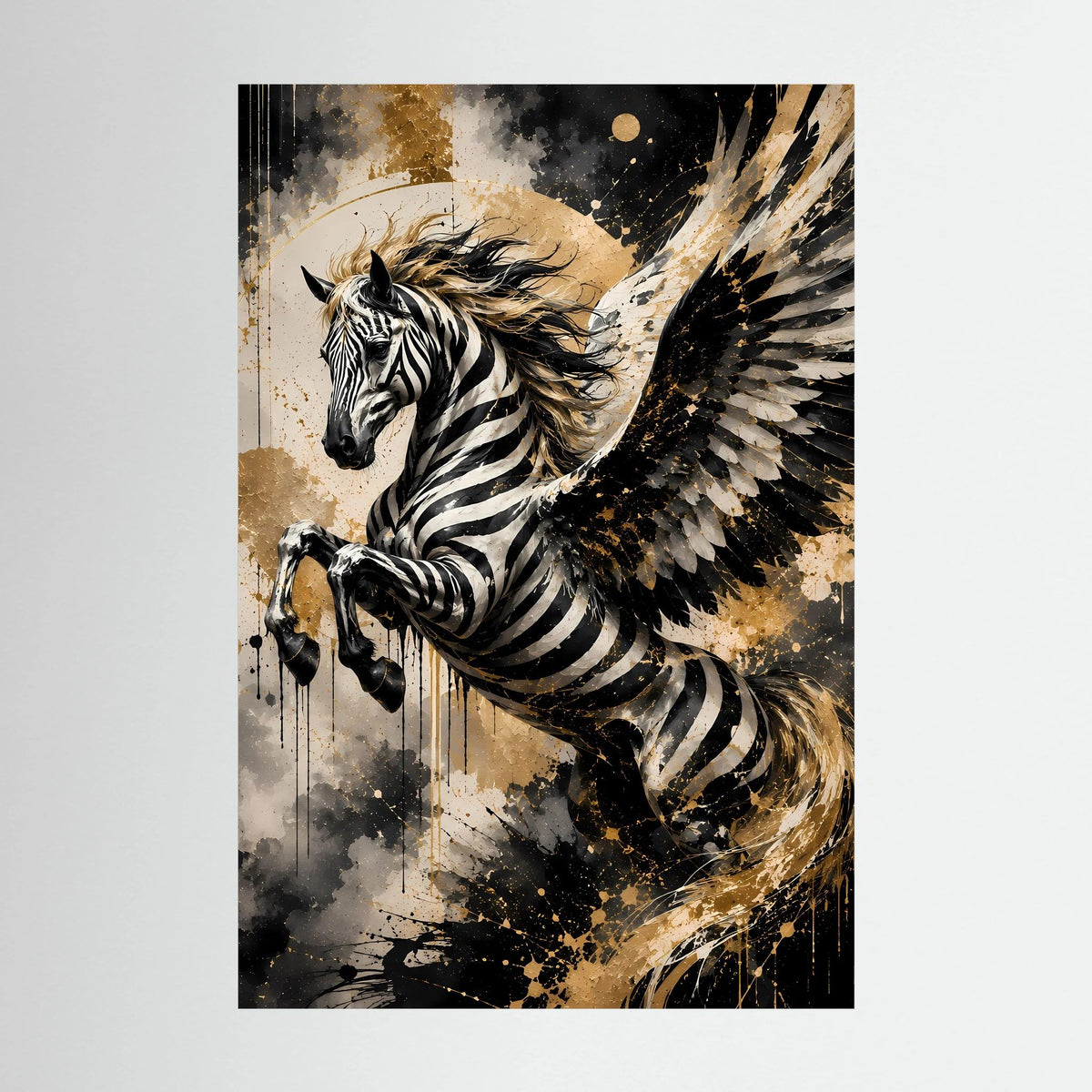 Geflügeltes Zebrapferd | Schwarz Gold abstrakte Fantasy Kunst | Poster Hochformat