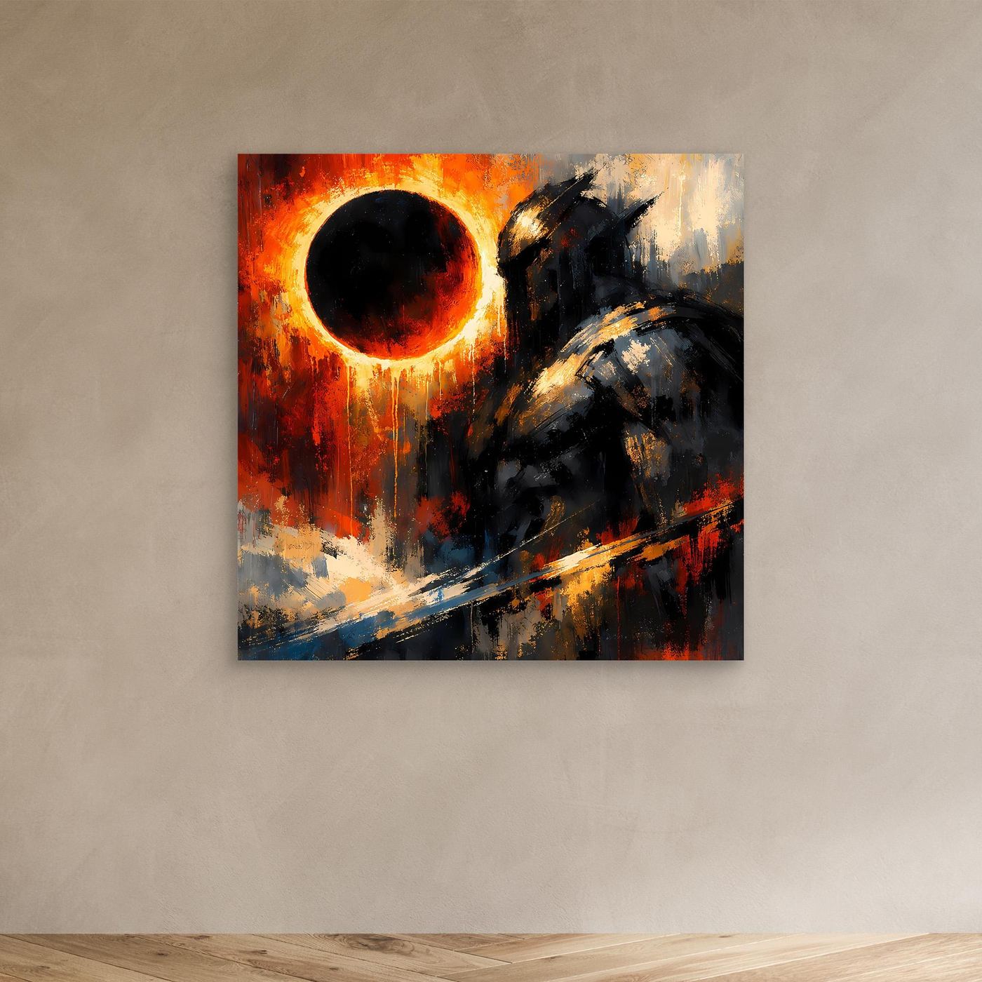 Leinwand-Wandbild ohne Rahmen: kosmischer Ritter bei Eklipse, rot-schwarze Farbakzente