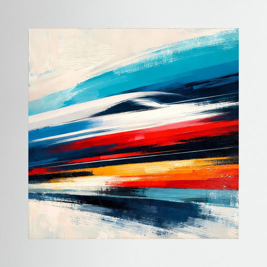 Abstraktes Leinwandbild mit blauen, roten und schwarzen Pinselstrichen im Querformat
