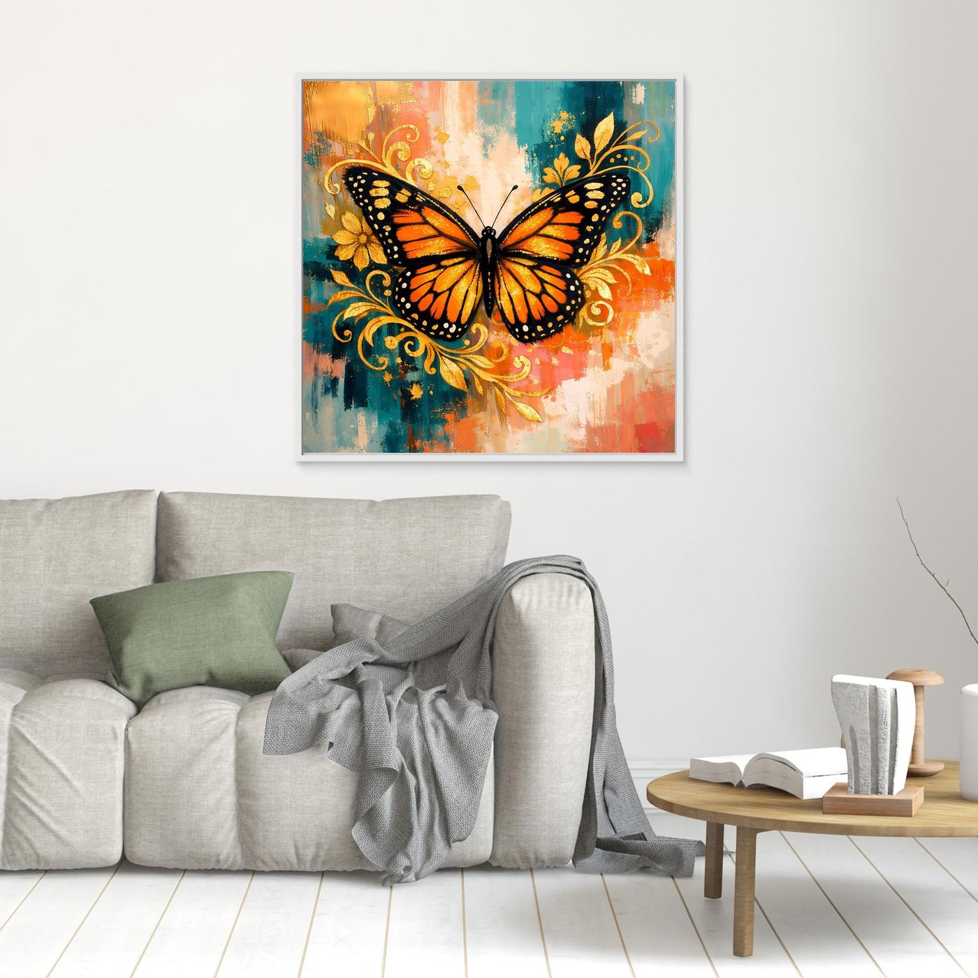 Kleines Leinwand-Wandbild im hellen Rahmen mit Monarchfalter und goldenen Ornamenten