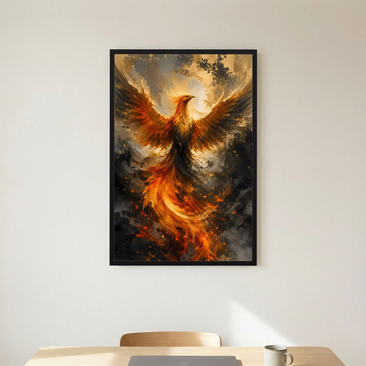 Poster im schwarzem Rahmen: Phönix mit gold-orange Flügeln und Flammen unten