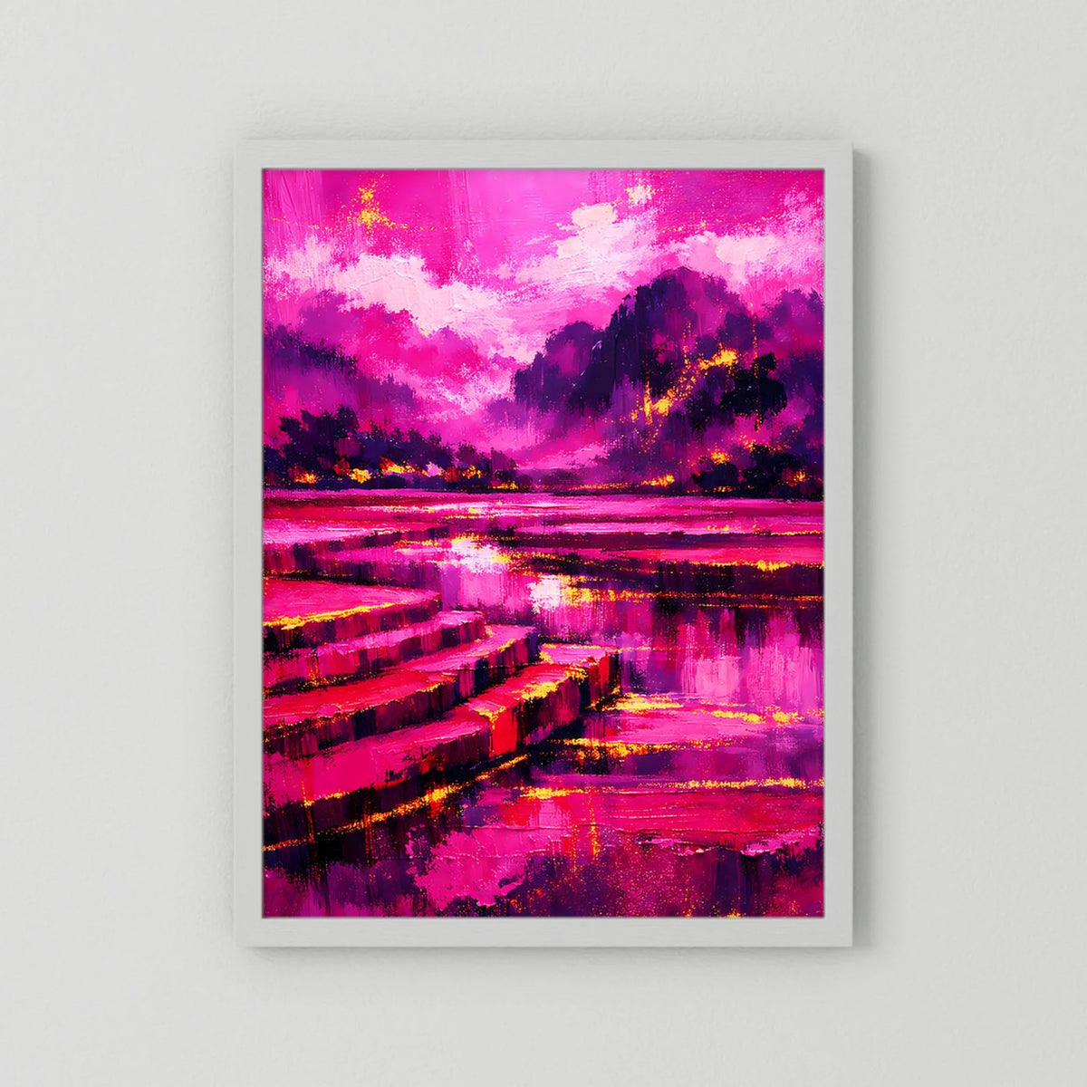 Hochformat-Poster mit Pink-Magenta-Abstraktlandschaft, dunkler Uferkante und Wasserreflexen im weißen Rahmen.