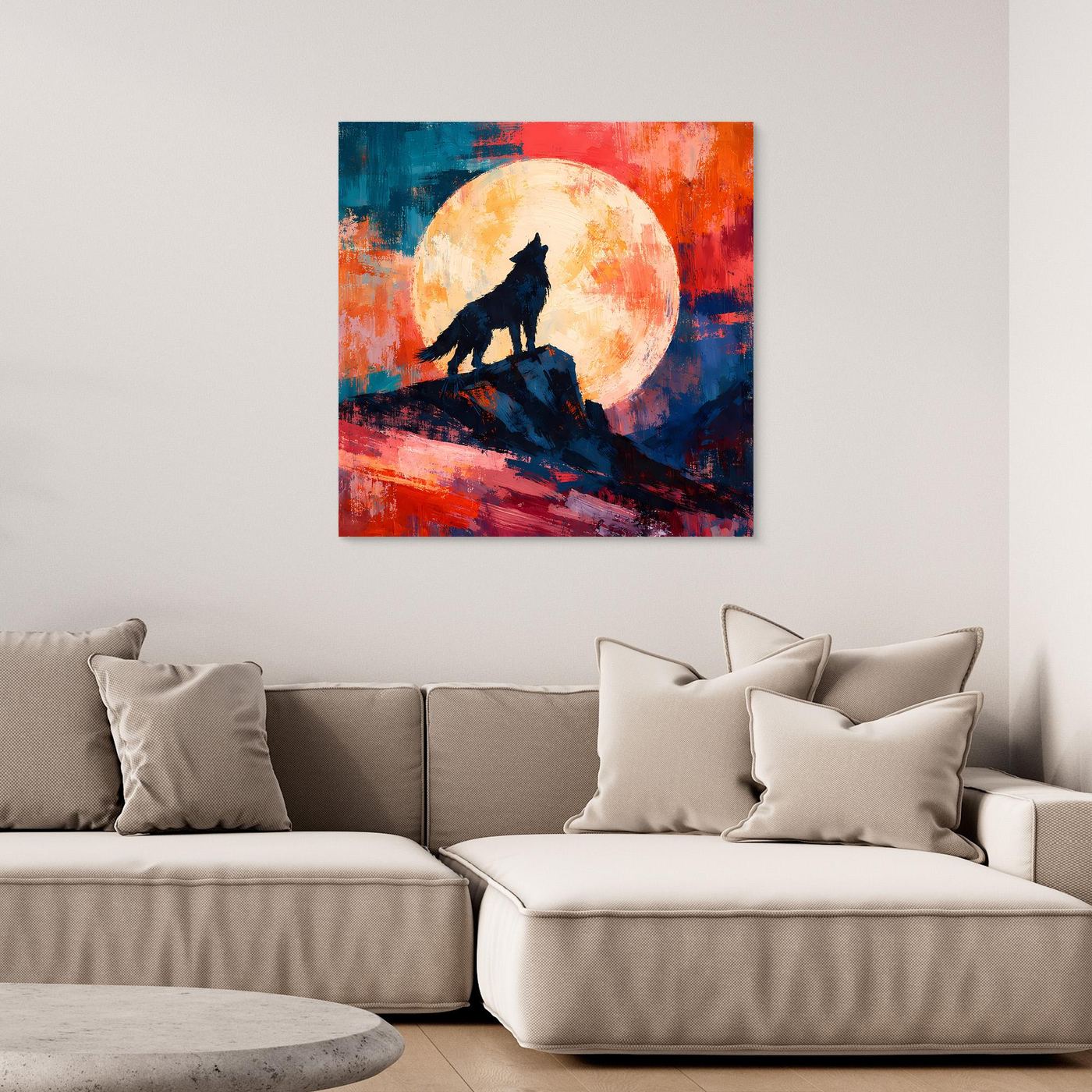 Leinwand Abstraktes Wolf Gemälde | Modernes Mystisches Wandbild Heulender Wolf Vollmond