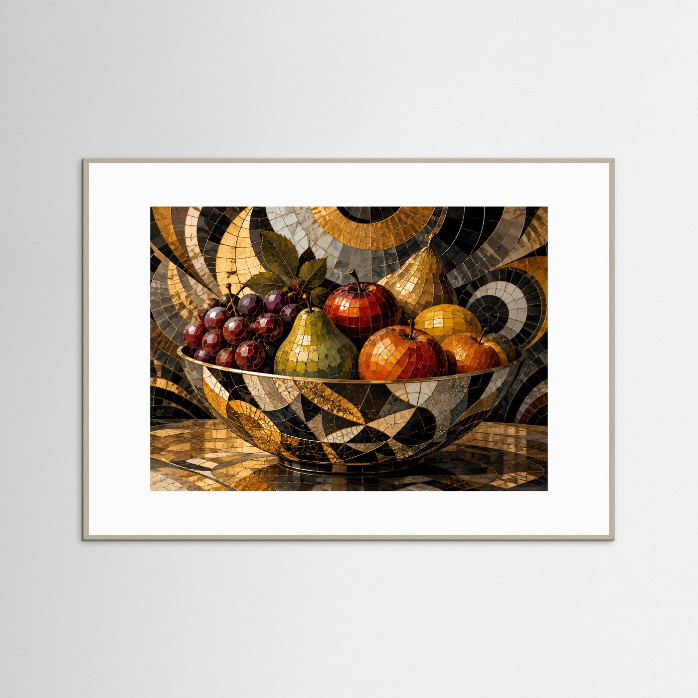 Gerahmtes Mosaikbild Obstschale mit Trauben, Äpfeln und Birnen in Gold und Schwarz, weiß