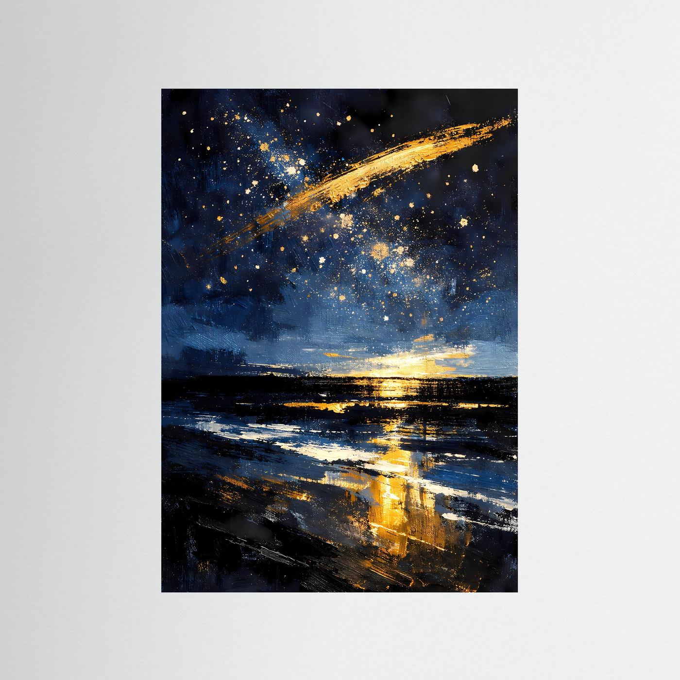 Hochformatiges Kunstposter mit Sternenhimmel, goldener Linie und dunkler Küste im Hintergrund