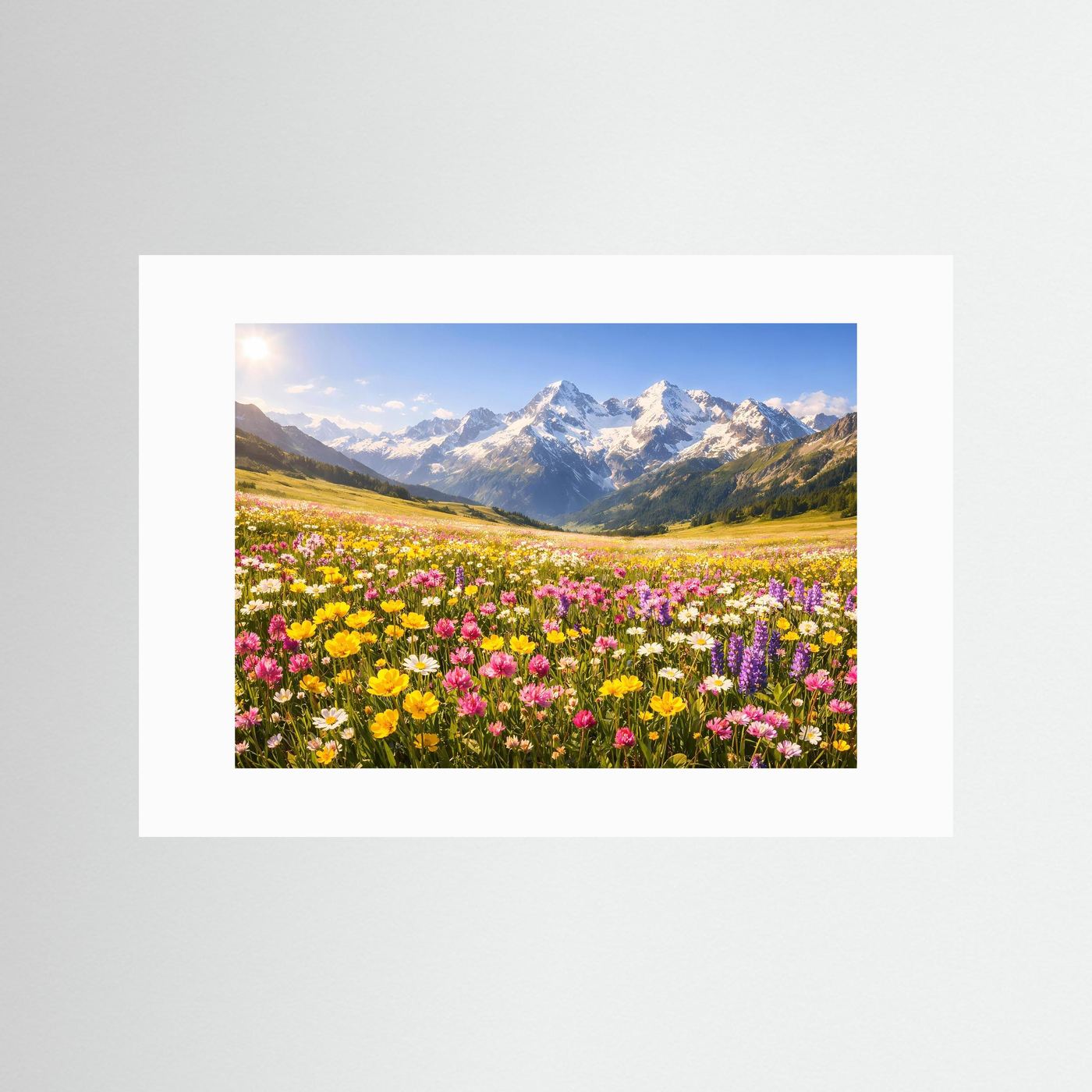 Poster mit weißem Passepartout und Alpenblumenpanorama im Querformat