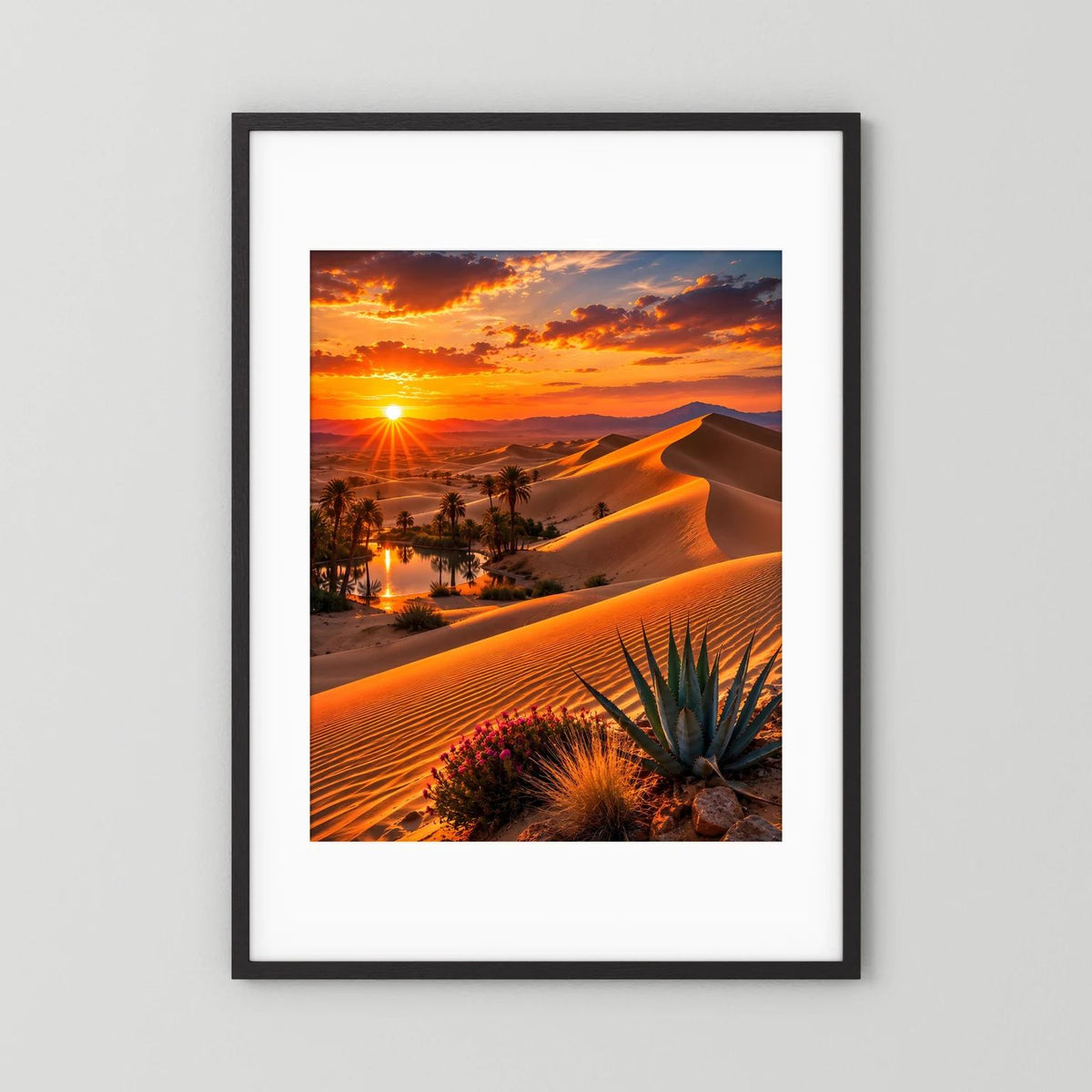Hochformatiges Wüstenlandschafts-Poster mit Sonnenuntergang, schwarzer Rahmen und weißer Rand