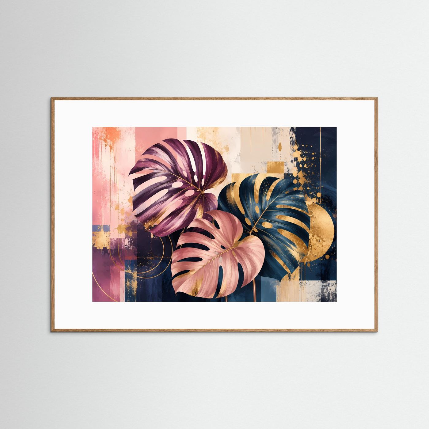 Elegante Monstera Blätter in Rosa, Blau & Gold | Abstrakte Botanik Poster Querformat
