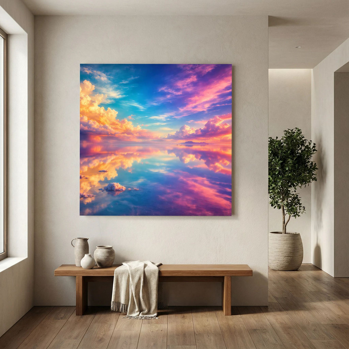 Leinwandbild auf Holzkeilrahmen mit Sonnenuntergangshimmel, Wolkenspiegelung in Lila und Orange