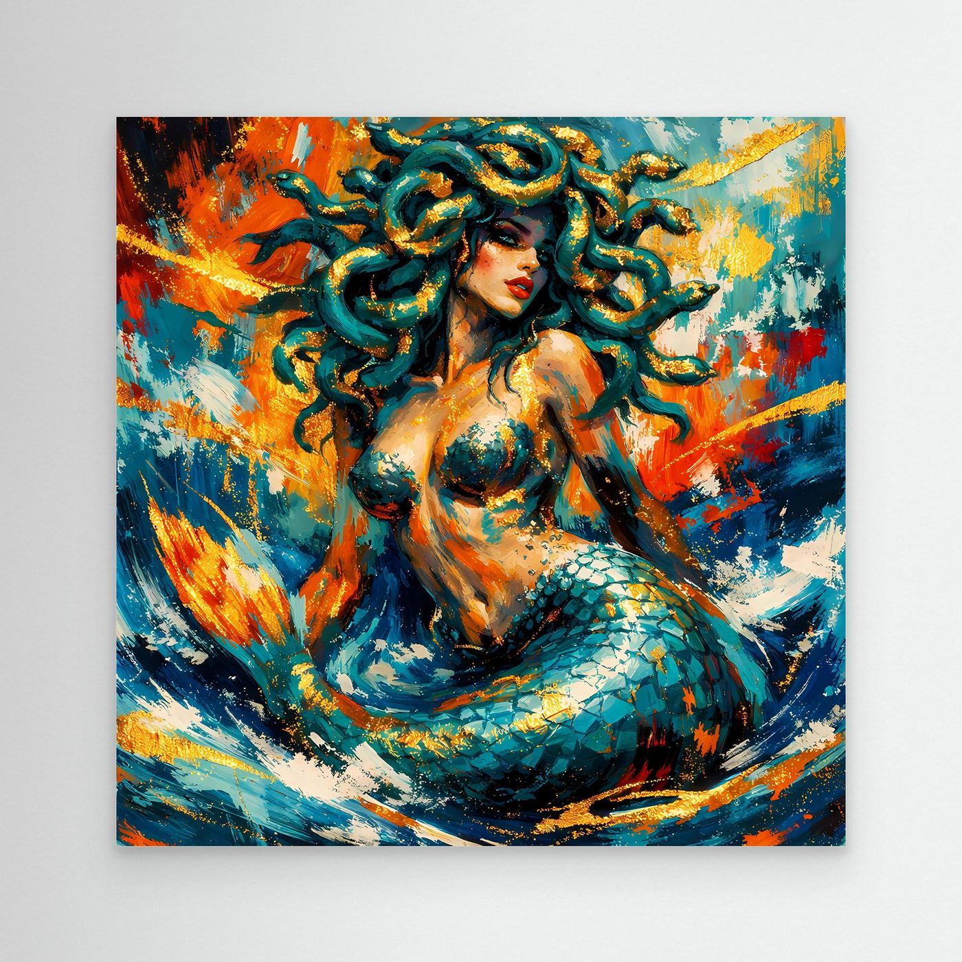 Unrahmtes Leinwandbild: Medusa-Meerjungfrau im abstrakten Fantasy-Stil, Blau/Orange.