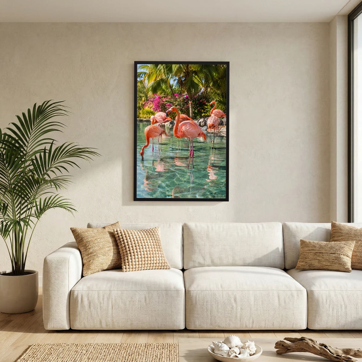 Wandposter im Hochformat mit rosa Flamingos am Wasser, im schwarzen Rahmen