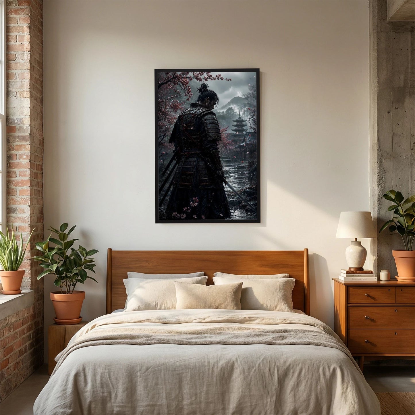 Gerahmtes Hochformat-Poster mit Samurai-Rückansicht, Schwert und Pagode am Wasser.
