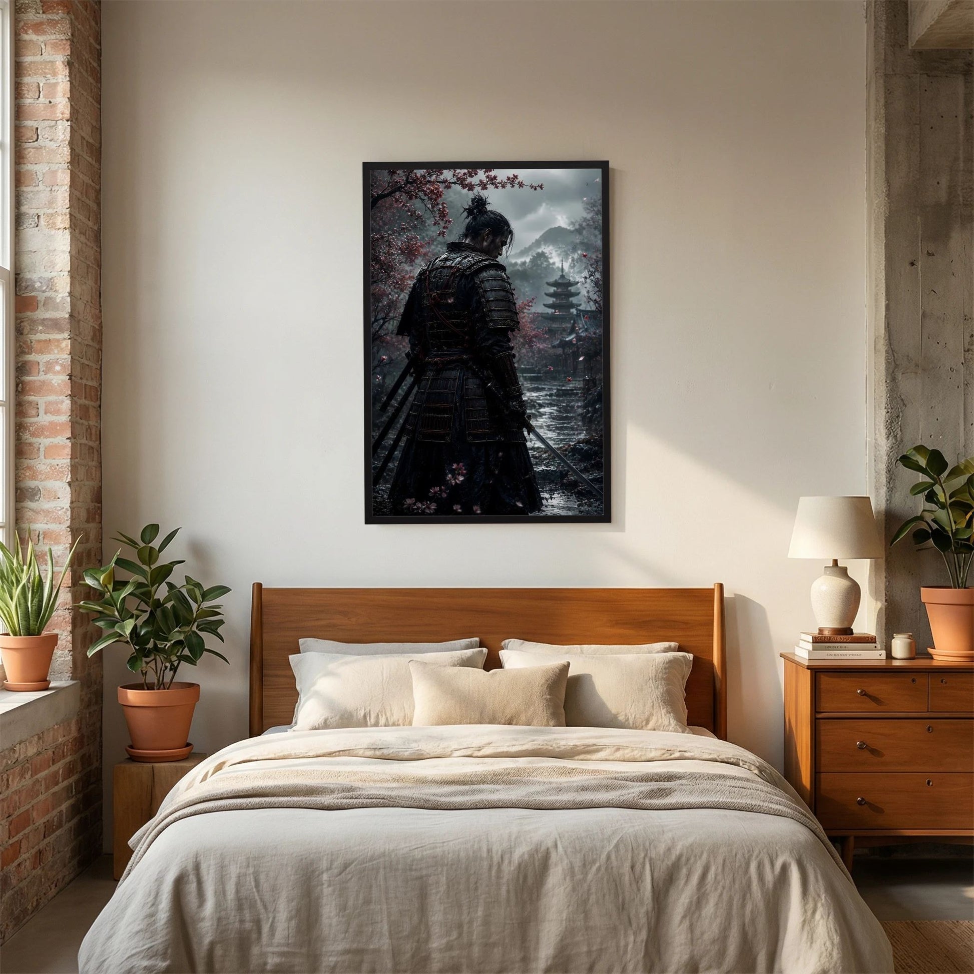 Gerahmtes Hochformat-Poster mit Samurai-Rückansicht, Schwert und Pagode am Wasser.