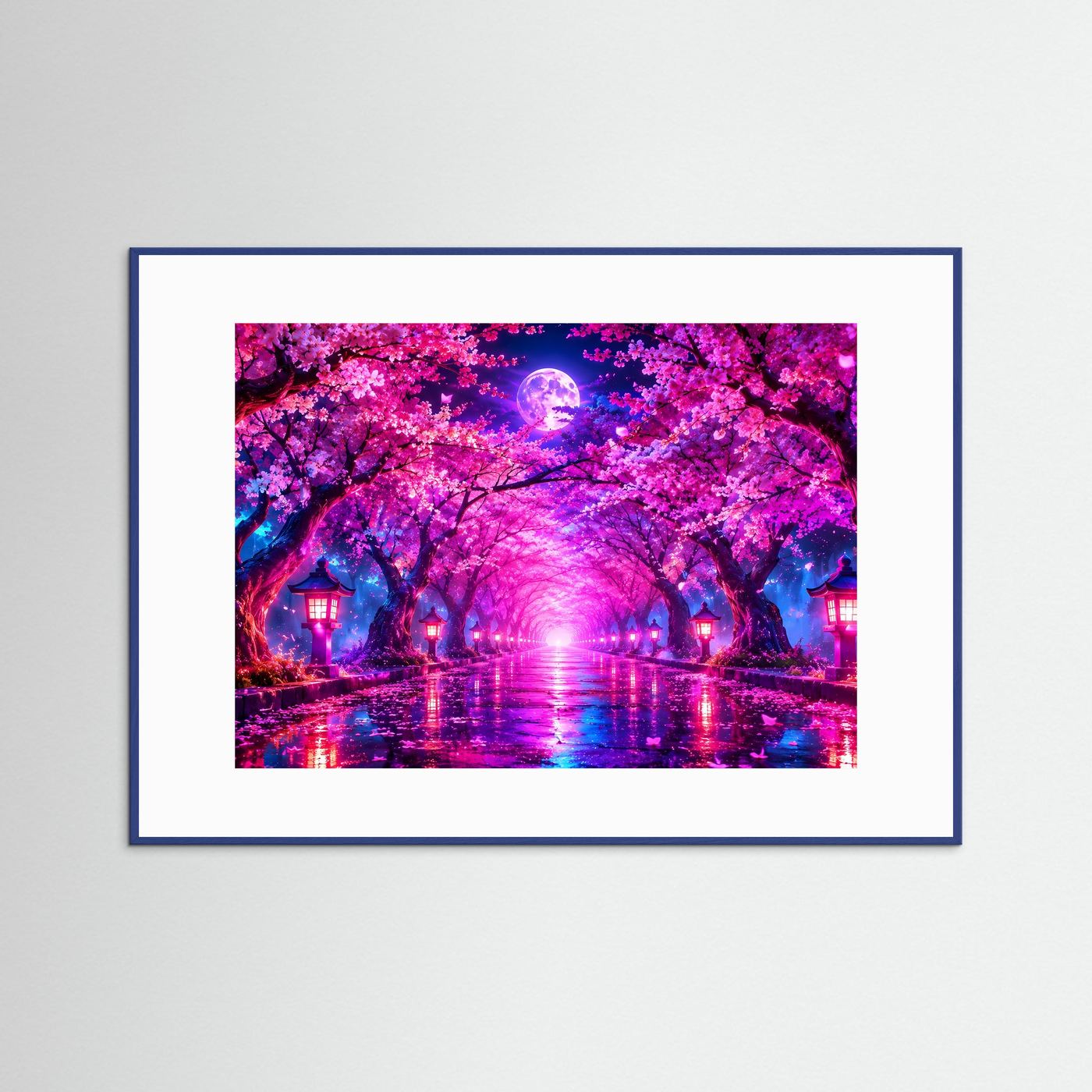 Kirschblüten Allee Wandbild Neon | Japan Poster Sakura Nacht | Leuchtender Vollmond | Fantasy Landschaft | Moderne Leinwand Wandkunst