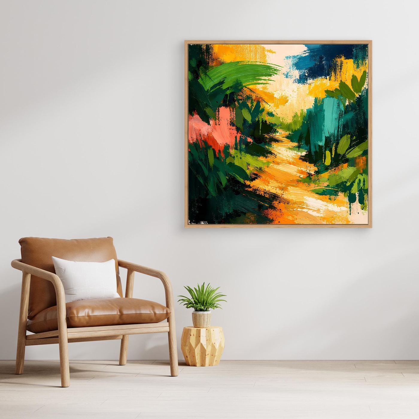 Framed abstract forest path canvas wall art with colorful brushstrokes, square