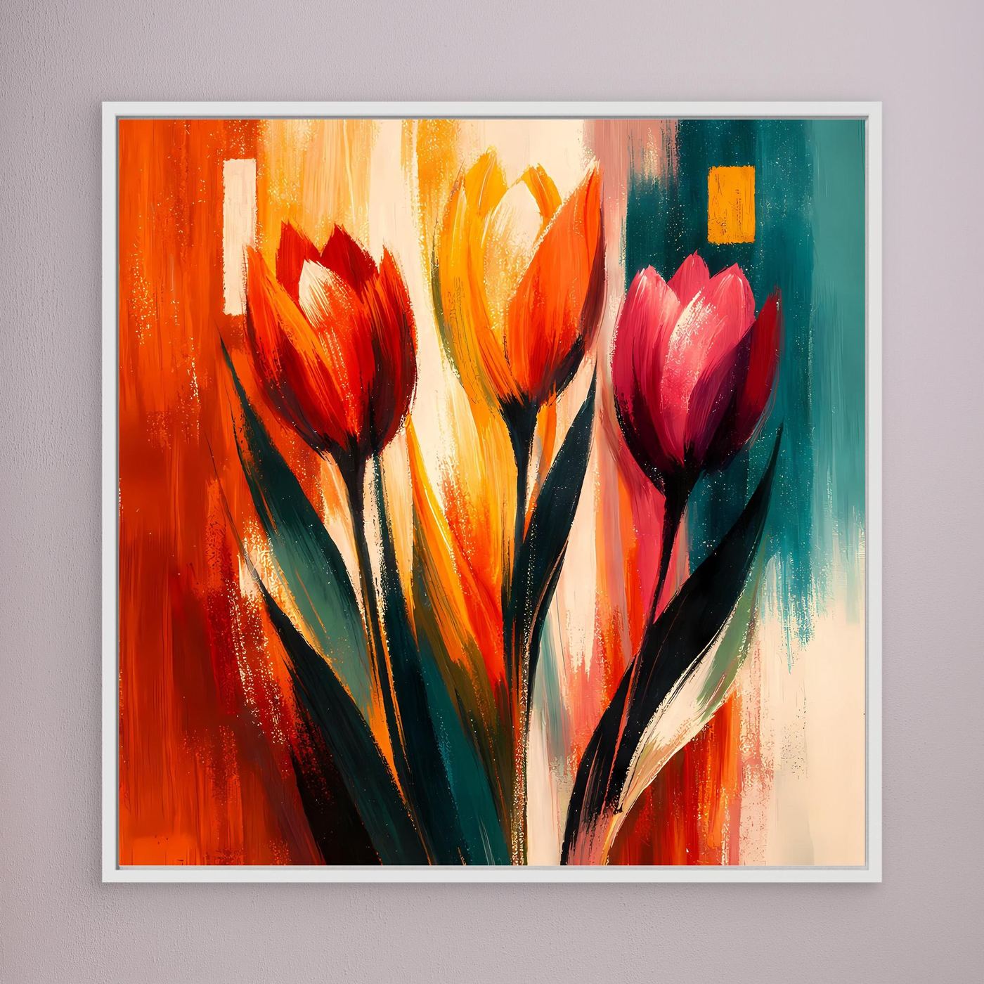 Leinwandbild mit abstrakten Tulpen in Rot, Orange, Gelb und Türkis, weiß gerahmt