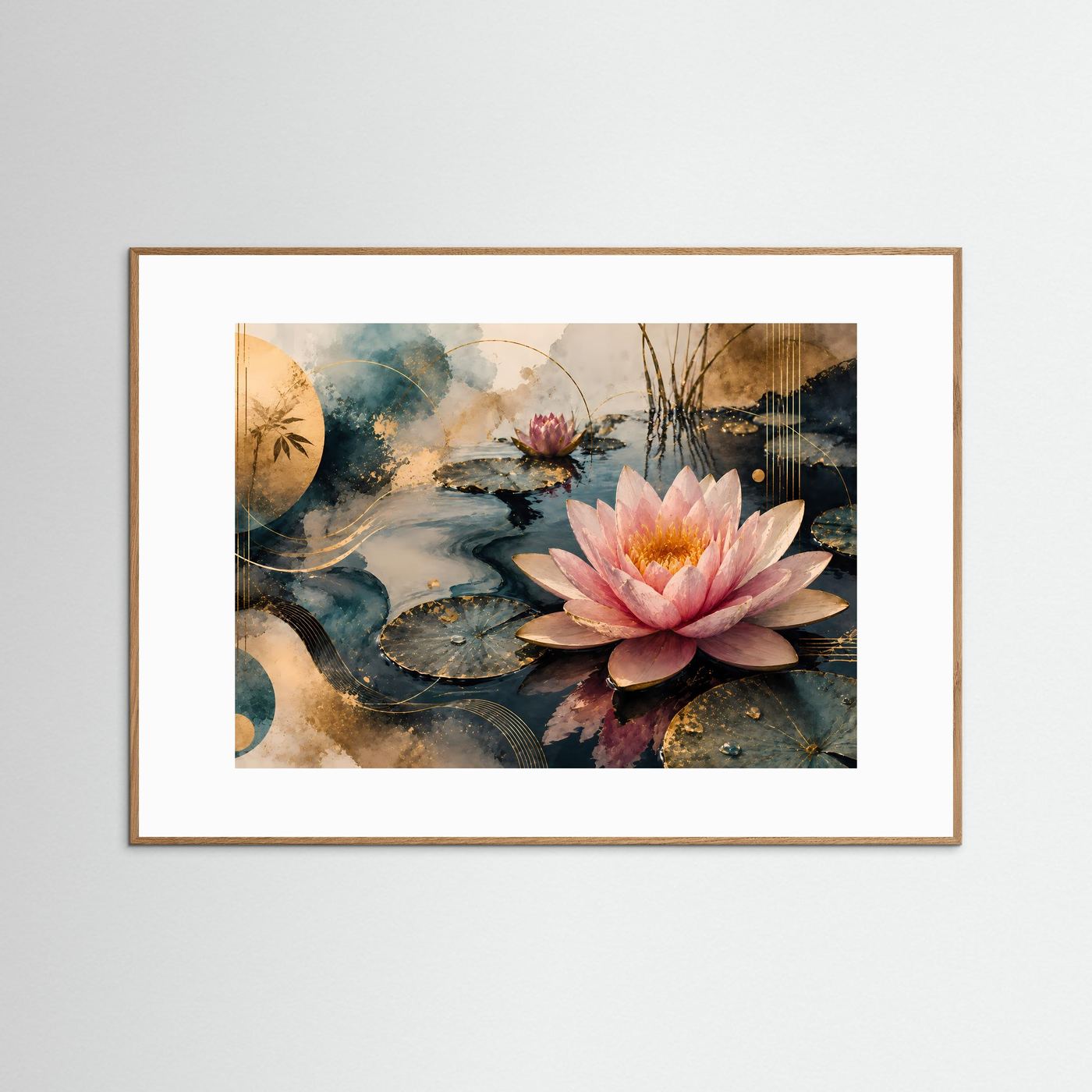 Querformat-Poster mit rosa Seerosen auf dunklem Wasser, hellbrauner Holzrahmen