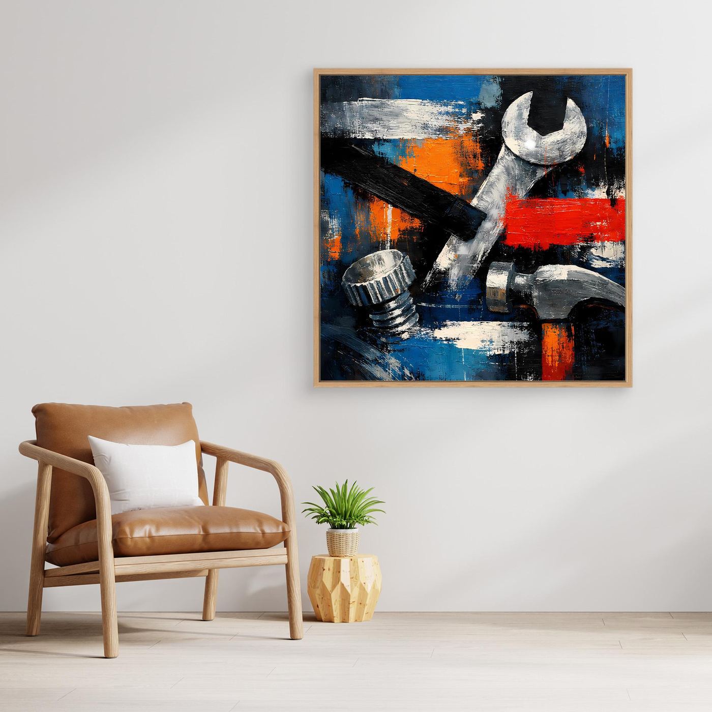 Square abstract tool wall canvas with wrench and hammer, blue, orange, and red strokes, wood frame