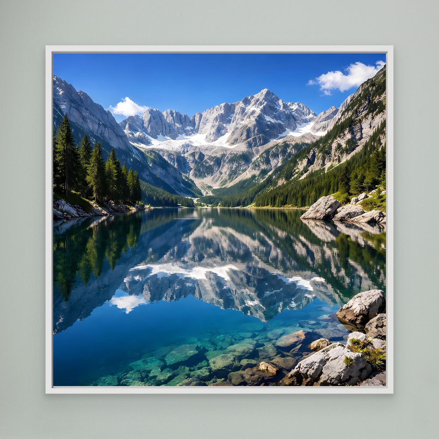 Gerahmtes Leinwandbild mit Bergsee und Alpenpanorama, Spiegelung im kristallblauen Wasser