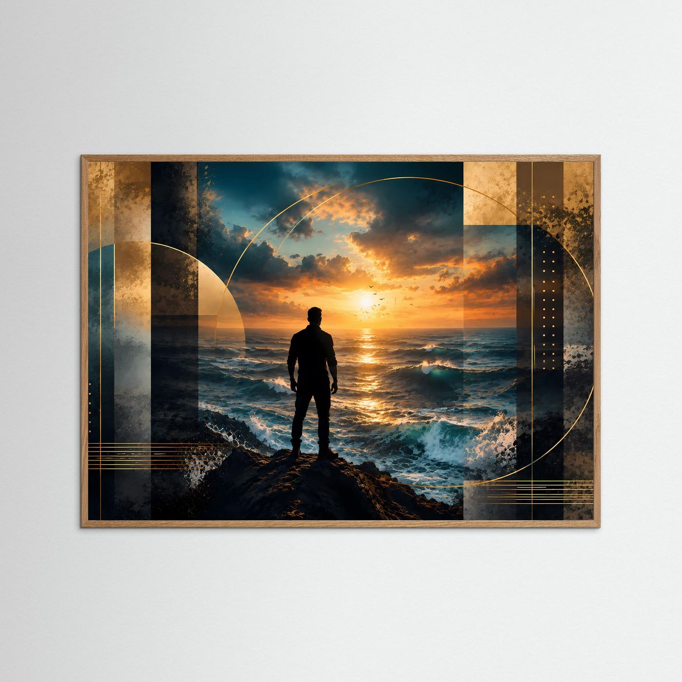Gerahmtes Poster im Querformat: Mann steht auf Felsen, Meer bei Sonnenuntergang
