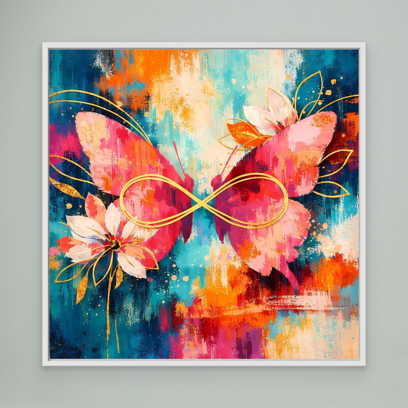 Abstraktes Leinwandbild mit Schmetterlingen, Blüten und Unendlichkeitszeichen, mit weißem Rahmen.