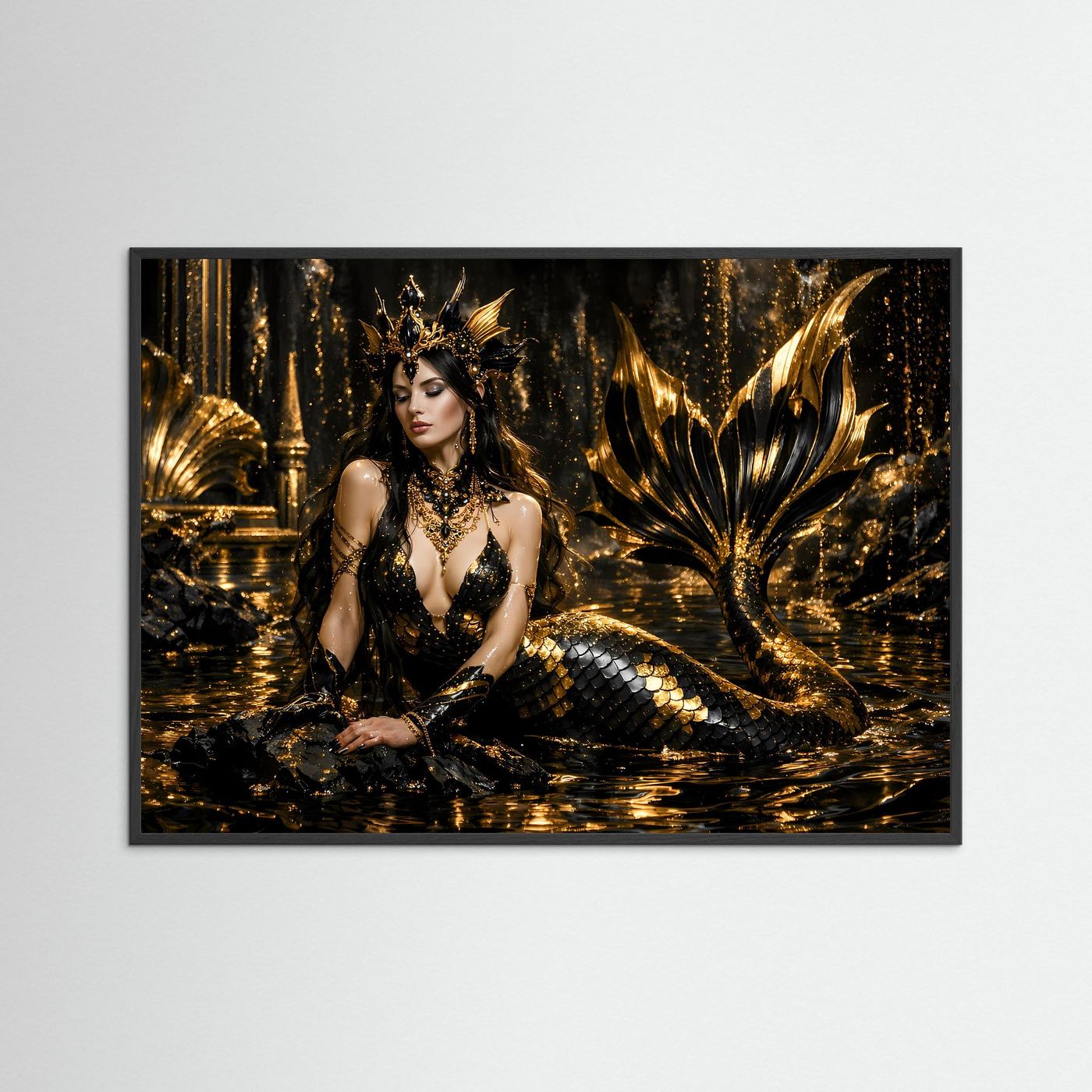 Goldene Meerjungfrau in Schwarz & Gold | Mystisches Fantasy Wandbild Querformat