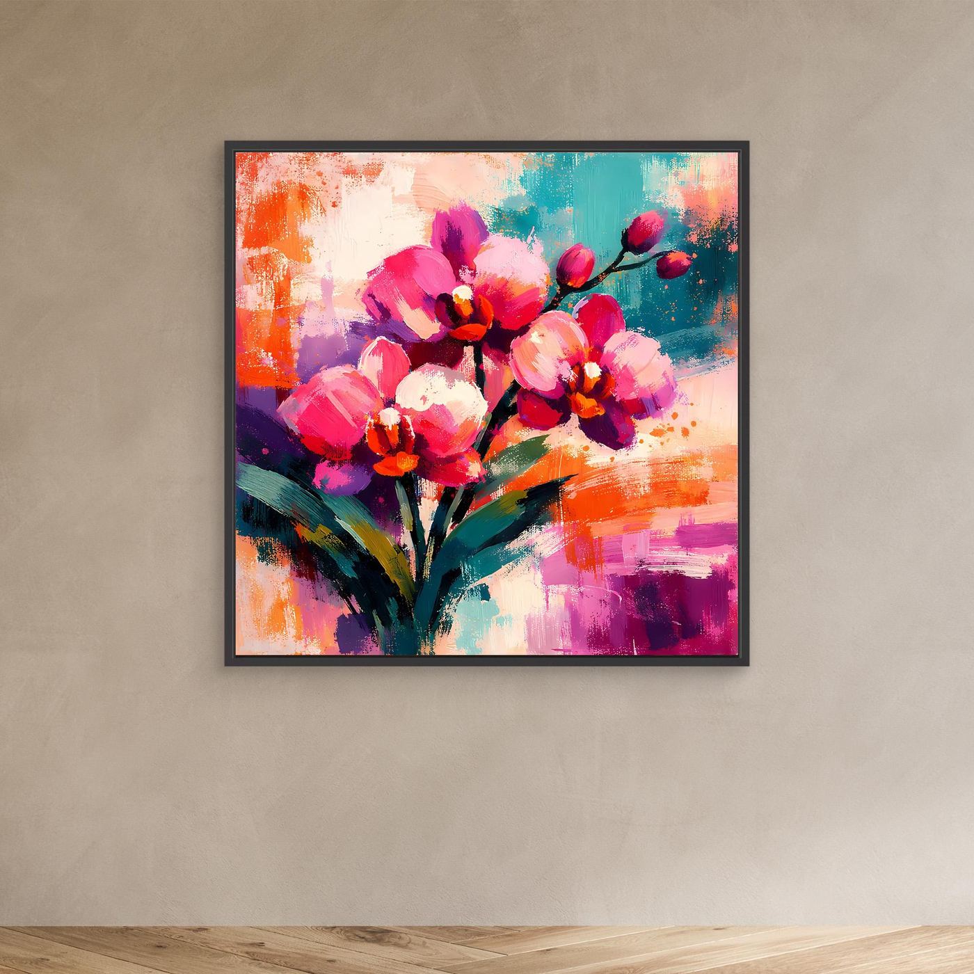 Orchideen-Leinwandbild im abstrakten Stil mit bunten Farben, schwarzer Rahmen
