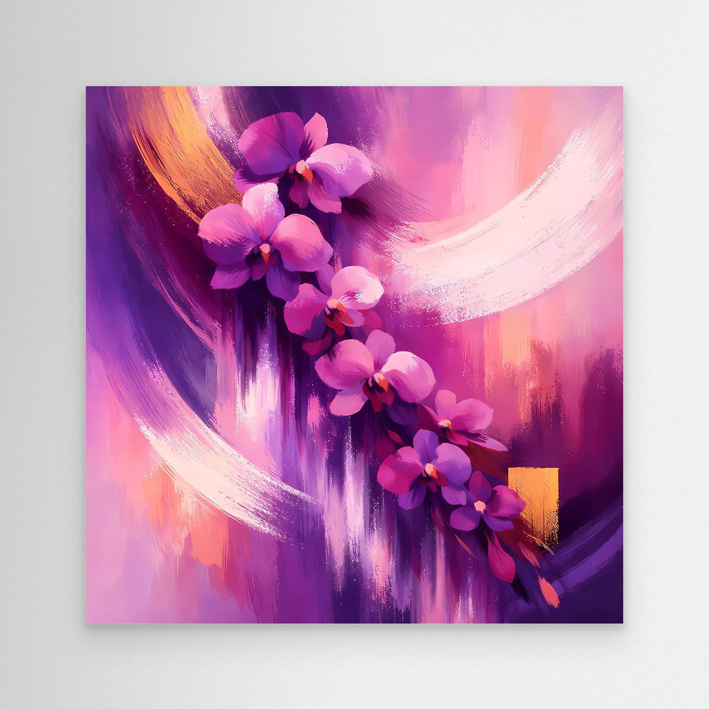 Leinwandbild mit abstrakten Orchideen in Lila- und Rosatönen, mit Pinselstrich-Motiv