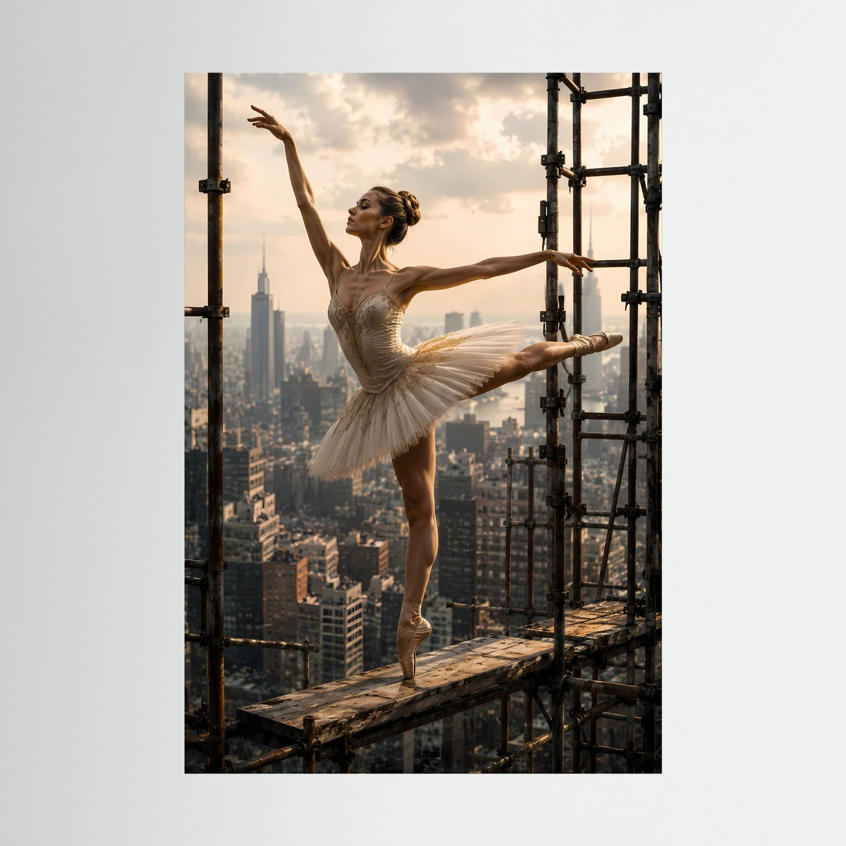 Poster im Hochformat mit Ballerina im Tutu auf Plattform vor Skyline und Gerüst
