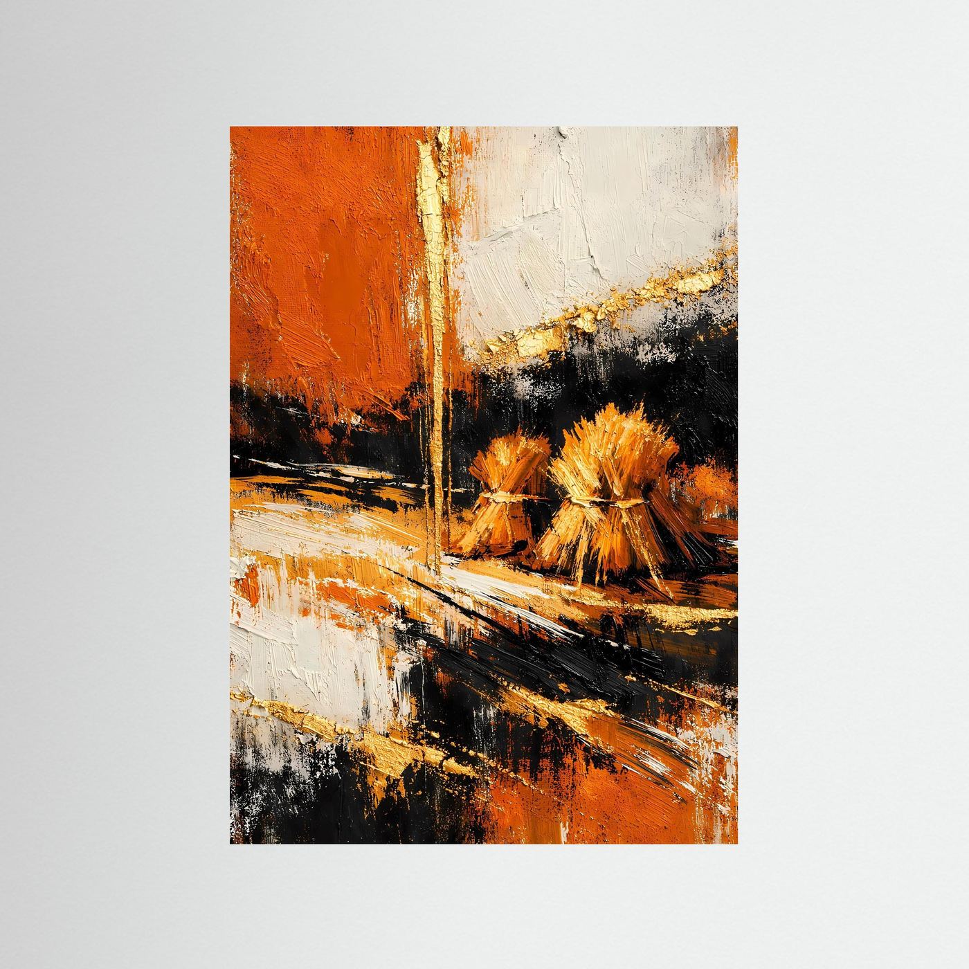 Abstraktes Kornfeld-Poster mit orangefarbenen, terrakotta- und schwarzen Strukturen im Hochformat