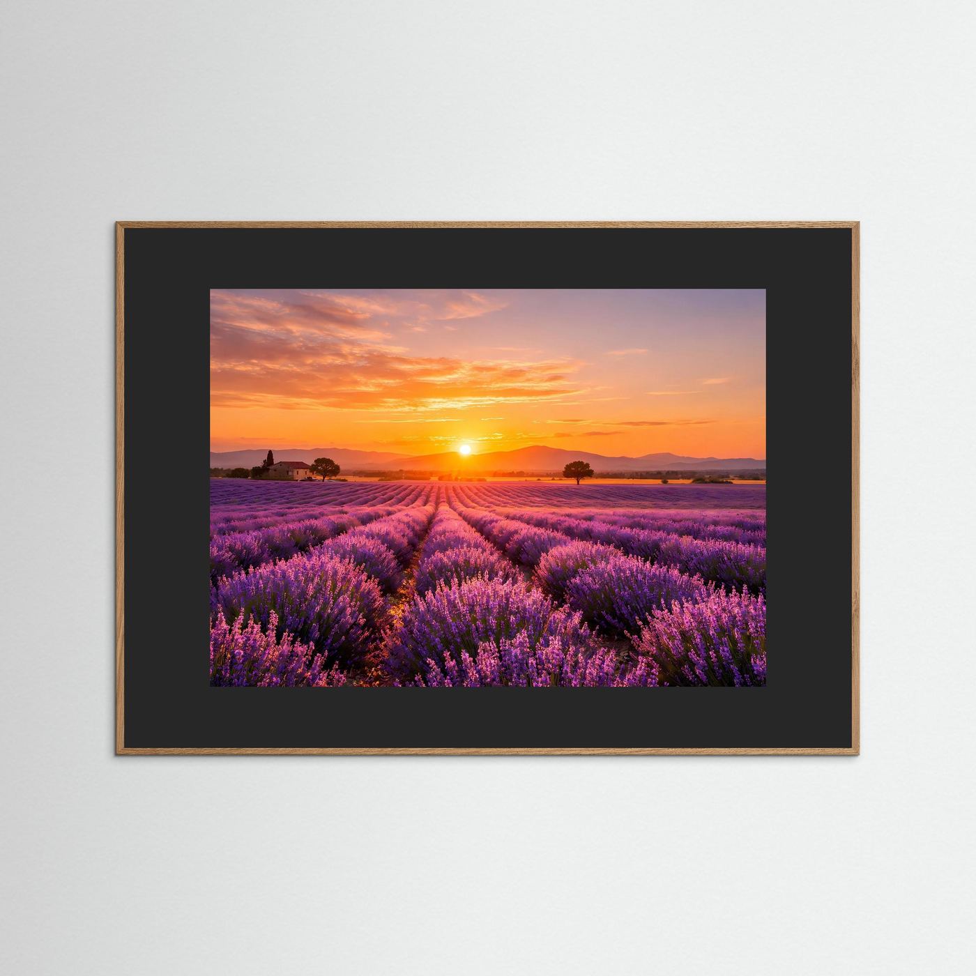 Lavendelfeld-Wandbild mit Sonnenuntergang, dunkler Holzrahmen und schwarzer Innenrand