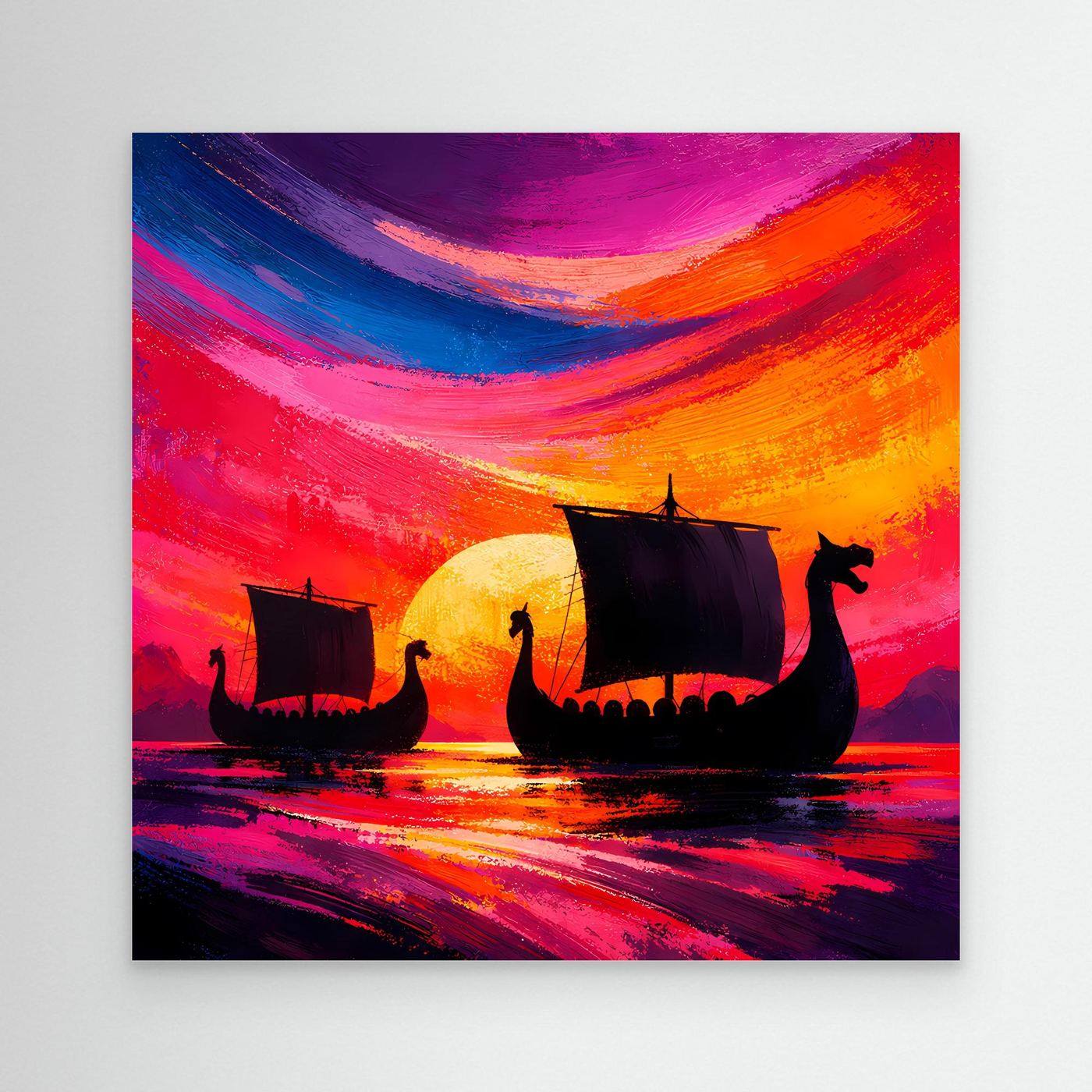 Quadratisches Leinwand-Wandbild mit Wikingerschiffen, abstrakter Sonnenuntergang, ohne Rahmen