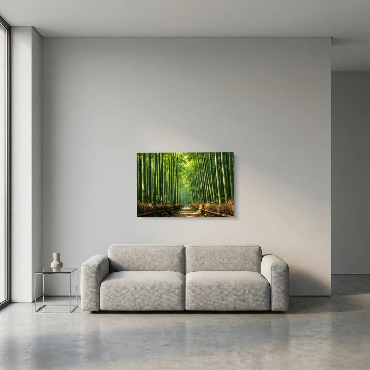 Wandbild im Querformat mit Bambuswald, Weg und grünen Baumstämmen