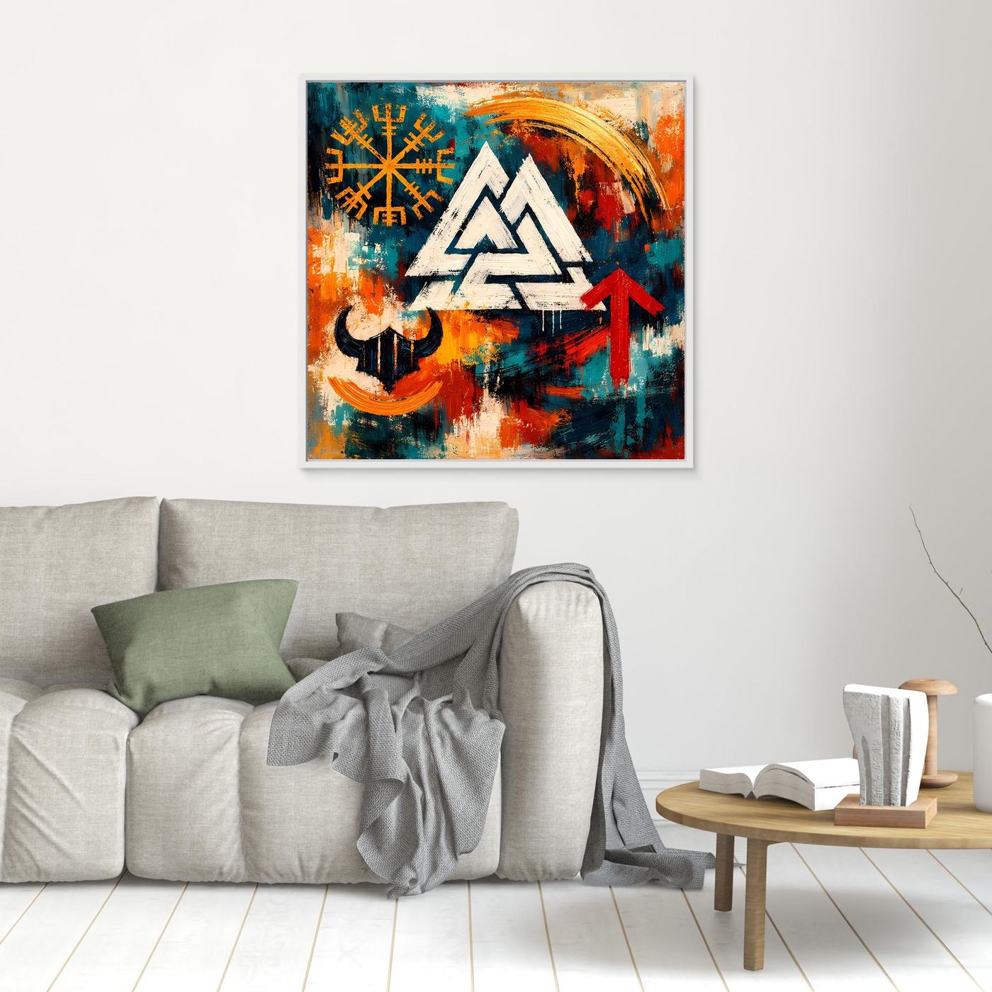 Quadratisches Wandbild mit weißem Dreieckssymbol, Runen und rotem Pfeil, hell gerahmt